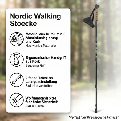Immagine prodotto di set di 2 bastoncini da passeggio in alluminio Nero Nordic Walking regolabile in altezza Escursionismo