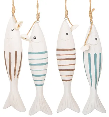 Produktbild von Logbuch-Verlag 4 große Holzfische Fische mit Schnur zum Aufhängen Maritime Dekoration Fischernetz Badezimmer Deko blau weiß 18 cm
