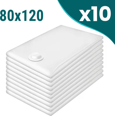 A stack of white vacuum seal bags with a valve on the top bag.