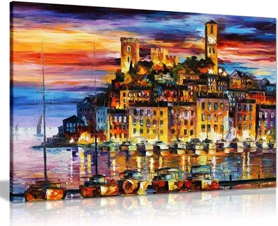 Productafbeelding van Ibenzoa® Abstract olieverf schilderij op canvas – Cannes (Frankrijk), 91 x 61 cm, compleet met lijst van oven gedroogd grenenhout (18 mm), klaar om op te hangen, ideaal voor de woonkamer