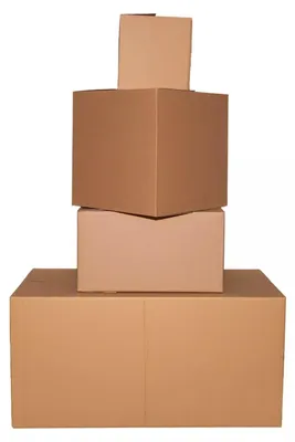 A stack of cardboard boxes of varying sizes on a white background.