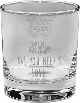 Produktbild von Mr. & Mrs. Panda Tumbler Glas Eulen Liebe - Transparent - Geschenk, Liebesspruch, Longdrinkglas, Owl, Paar, Hochzeitsspruch, Cocktailglas, für Gin, Eule