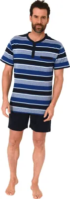 Produktbild von Eleganter Herren Shorty Pyjama kurzarm Schlafanzug in Streifenoptik, Knopfleiste am Hals ; blau , 48