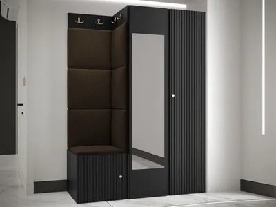 Produktbild von MIRJAN24 Garderoben-Set Orion Ryfel Slim XXIV, Kleiderschrank, Schuhschrank, Kleiderhakenbrett, 7x Paneel 42x42, Spiegel, 8 Kleiderhaken, Metallgriffe (Farbe: Schwarz, Manila 04)