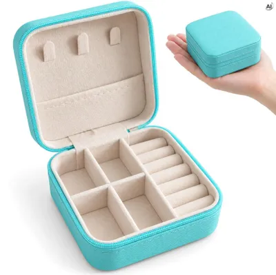 Obrázek produktu pro Cestovní šperkovnice, barva tyrkysová, rozměry 9,5 x 9,5 x 5 cm – šperkovnice z umělé kůže