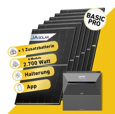 Produktbild von Balkonstrom Balkonkraftwerk 2700W mit Speicher | 1xZusatzspeicher | Garten/Flachdachhalterung | 2xSolarmodul Bifazial | Anker Solix 3 Pro| Kabel 3m