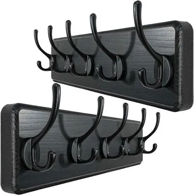Image de Porte-manteaux, porte-manteaux muraux à 5 crochets, crochets à manteaux, porte-manteaux muraux, porte-manteaux avec barre à crochets, porte-manteaux muraux pour manteaux, manteaux, noir, lot de 2