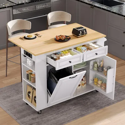 Image de Sweiko Ilot de cuisine avec roulettes, Table de repas extensible, Ilot de cuisine avec compartiment pour poubelle et porte-serviettes, Chariot de service mobile avec multiprises, Idéal pour la cuisine et la salle à manger (Blanc)