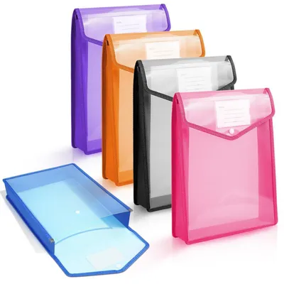 Image de Pochettes de documents A5, lot de 5, couleurs : bleu, violet, blanc, rose, orange, en plastique PP, format vertical