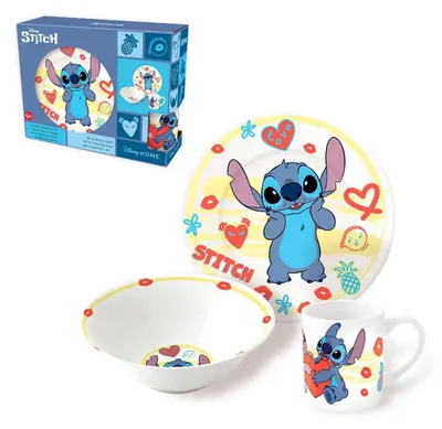 A Disney Stitch themed porcelain dinnerware set, including a plate, bowl, and mug, displayed with its packaging.