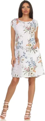 Produktbild von 329 Mississhop Damen Boho Kleid 100 % Leinenkleid Strandkleid schickes elegantes Sommerkleid Blumen Muster Weiß