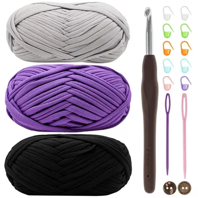 Produktbild von T-Shirt Garn 3 x 100g Polyester Häkelgarn Lila 6mm Häkelnadel Zubehör Set