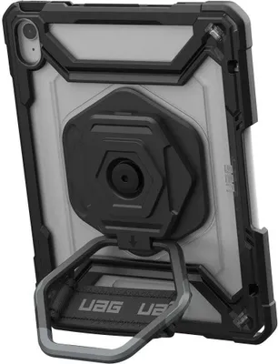 A tablet case with a kickstand and handle, shown from a rear-side angle.