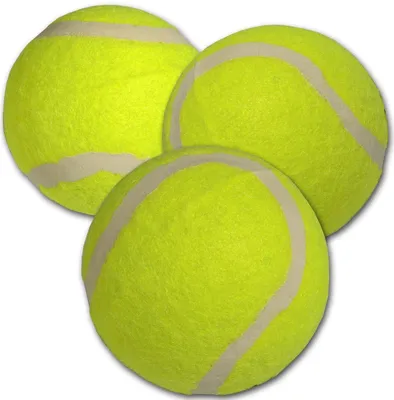 Three yellow tennis balls are arranged in a cluster against a white background.