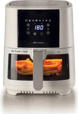 A white air fryer with a digital display and a window showing french fries inside.