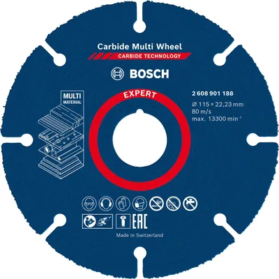 A circular cutting disc with product information and branding.