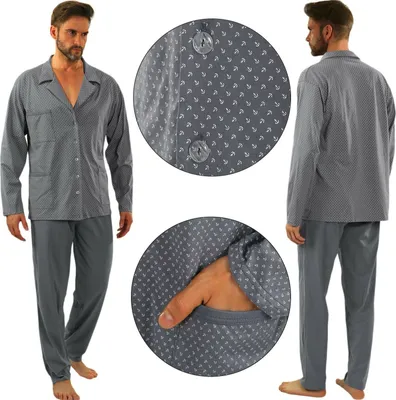 A man modeling a two-piece pajama set, with close-up insets showing fabric pattern and pocket detail.