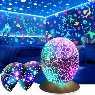 A child's bedroom decorated with glow-in-the-dark dinosaur stickers and stars, illuminated by a colorful egg-shaped lamp and two smaller star projectors.