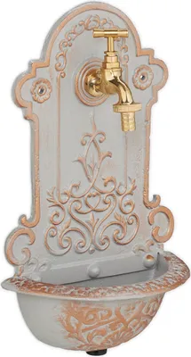 Immagine prodotto di Fontana da parete Relaxdays, stile retrò, con lavabo e rubinetto, fontana da giardino HBT 36 x 22 x 10,5 cm, ghisa, oro/grigio