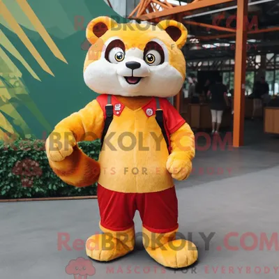 Produktbild von Gelber REDBROKOLY Roter Panda Maskottchen Kostüm Charakter bekleidet mit einem T-Shirt und Schnürsenkeln