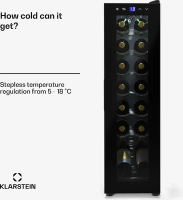 Zdjęcie produktu dla Lodówka na wino Klarstein, 1-strefowa lodówka na napoje z szklanymi drzwiami, cicha lodówka do użytku wewnątrz i na zewnątrz, mała lodówka na butelki o pojemności 41 l, szafka na wino do napojów, chłodziarka do wina na 14 butelek