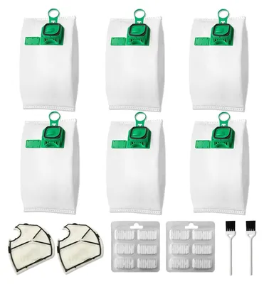 Produktbild von 6 Staubsaugerbeutel für Vorwerk Kobold VK 140, VK 150, FP 140, FP 150 mit 2 Motorschutzfiltern, 2 Bürsten, 12 Duftstoffen, Premium-Zubehörset für Vorwerk Kobold Staubsauger