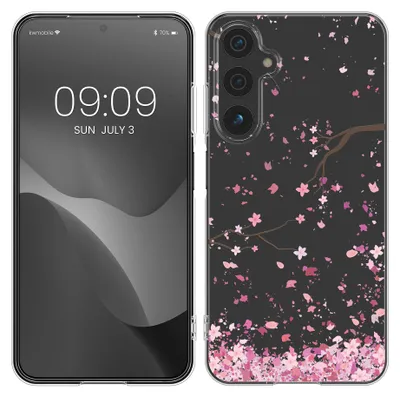 Produktbild von kwmobile Case kompatibel mit Samsung Galaxy A15 5G - Hülle Silikon transparent Kirschblütenblätter Rosa Dunkelbraun Transparent