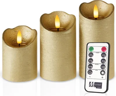 Image de Meisterhome® Lot de 3 bougies LED - Bougies LED - Bougies sans flamme au design rustique - Ø 7,5 cm, hauteurs 10/12,5/15 cm - Lumière blanche chaude vacillante - Avec télécommande & minuterie - Fonctionne sur piles, Couleur:Or