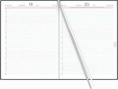 An open planner or diary showing two pages with a time grid.