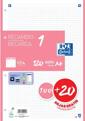 Produktbild von Oxford Nachfüllpackung 100h + 20h gratis 4 x a4 90gr 5x5 1 Streifen Bubblegum Pink