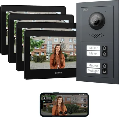A collage of a video intercom system, including indoor monitors, an outdoor unit, and a smartphone displaying the app interface.