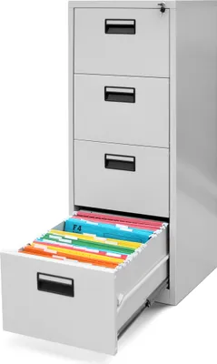A gray metal filing cabinet with four drawers, one of which is open and filled with colorful hanging files.