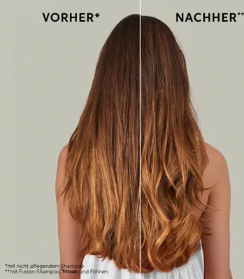 A split image showing a person's hair before and after using a hair product. The left side shows the hair before treatment, appearing dry and frizzy. The right side shows the hair after treatment, appearing smoother and more voluminous.
