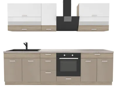 Produktbild von Küchenzeile 270 cm - Sonoma Beige Weiß - Mit Arbeitsplatte Travertin - Metallbox Schubladen - Soft-Close - MDF - Fronten mit Verglasung - PREMIO