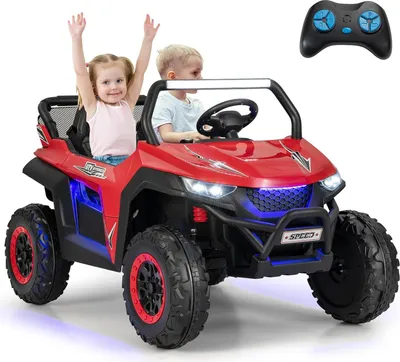 Produktbild von GOPLUS 12V Kinder Elektroauto, 2-Sitzer Kinderfahrzeug mit 2,4 GHz Fernbedienung, Scheinwerfer, Musik, Coolen Lichteffekten & Aufbewahrungstasche, Kinderauto mit Langsam Start für 3-8 Jahren (Rot)