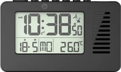 A digital alarm clock displaying the time, date, and temperature.