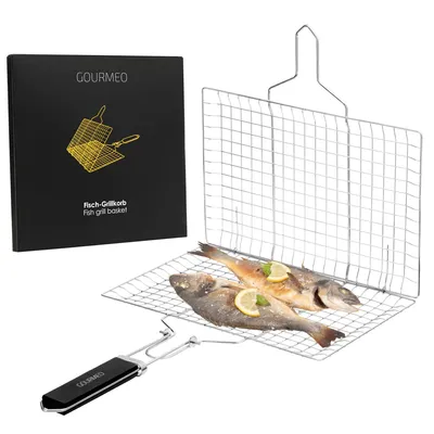 Produktbild von GOURMEO Edelstahl Grillschale - Fisch, Fleisch & Gemüse Grillkorb mit Holzgriff & Bürste - Rostfreie Zubehör Körbe zum Grillen für den Gasgrill und andere Grill Arten