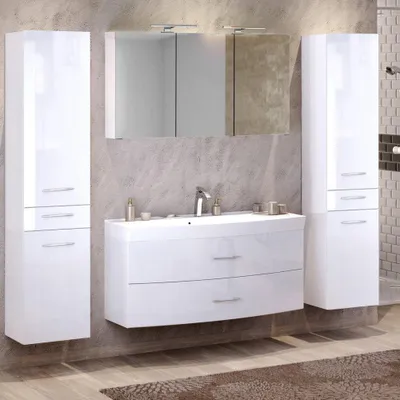 Produktbild von Badmöbel Set 4-tlg mit 2 Hochschränken & 120cm Waschtisch FLORIDO-03 in Hochglanz weiß B x H x T: ca. 230 x 200 x 47 cm