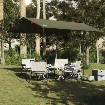 A campsite scene with a canopy, table, and chairs set up.