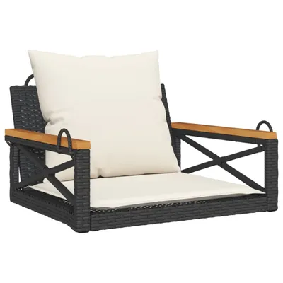 A studio shot of a hanging chair with cushions.