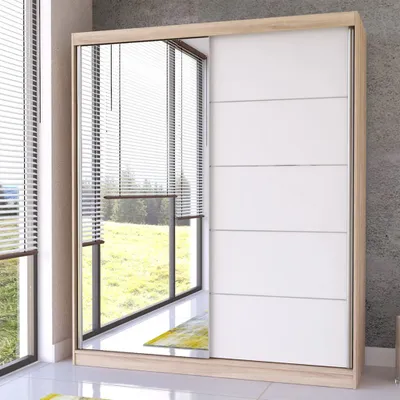 Schwebetürenschrank mit Spiegel in Sonoma Eiche/Weiß
Breite:	183 cm
Höhe: 218 cm	
Tiefe: 61 cm