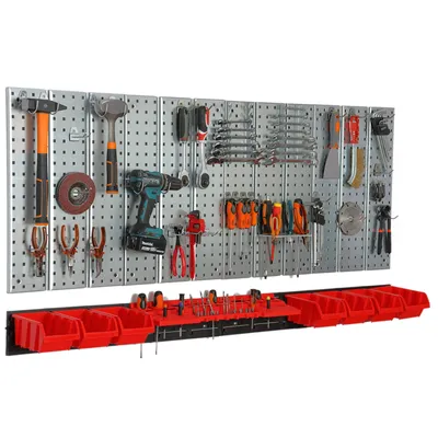 Produktbild von Werkzeugwand 156x72 cm Metall Lagersystem mit Werkzeughaltern Werkzeughaken und 7 Stapelboxen 120 x 195 x 90 mm Farbe: rot Lochbrett Werkstatt Garage Steckbrett Elektrowerkzeuge Lochwand