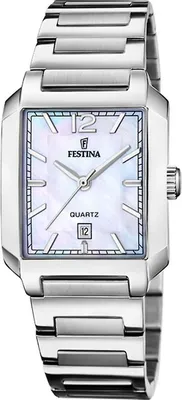 A close-up studio shot of a silver Festina women's watch with a mother-of-pearl dial.