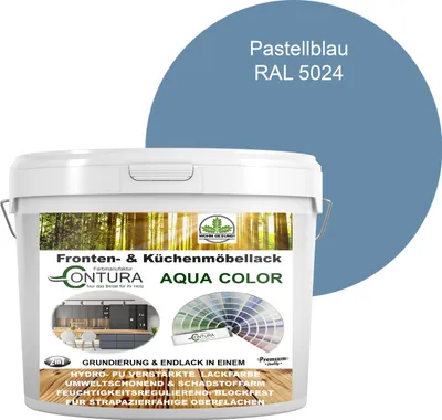 Produktbild von 2 Liter + Anlauger - Contura Küchenmöbellack RAL Möbellack SEIDENMATT SET Möbelfarbe Holzlack Buntlack Küchenlack - RAL 5024 Pastellblau