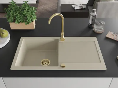 Produktbild von Mexen Leo Granitspüle mit einem Becken und einer Abtropffläche 900 x 500 mm, Beige, Siphon Gold - 6501901010-69-G