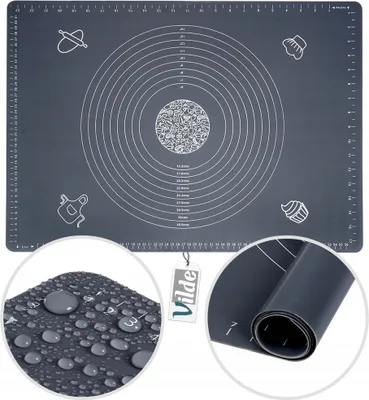 A collage of images showing a silicone baking mat, a close-up of water droplets on the mat, and a rolled-up mat.