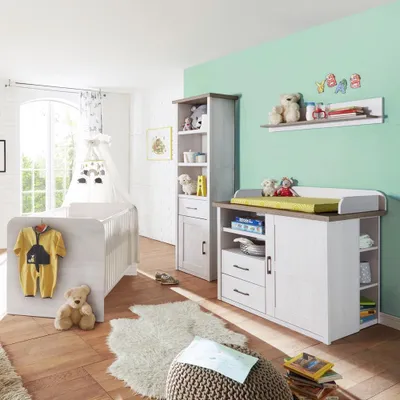 Produktbild von Babymöbel Set Landhausstil LUND-78 Pinie weiß Nb./Trüffel Eiche Nb.