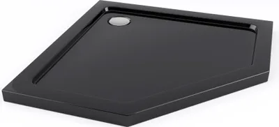 A black shower tray with a silver drain.