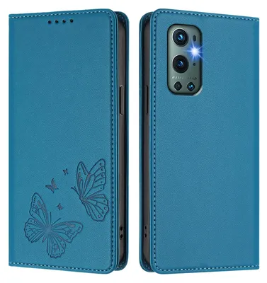 Obrázek produktu pro Kožené pouzdro pro OnePlus 9 Pro, motýlí ražbou, peněženkové flip pouzdro se stojánkem Modrá