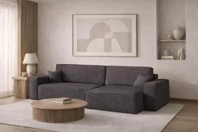Image de Canapé d'angle avec fonction sommeil et coffre de lit BEST XL, tissu Poso velours côtelé épais, gris foncé, droite
